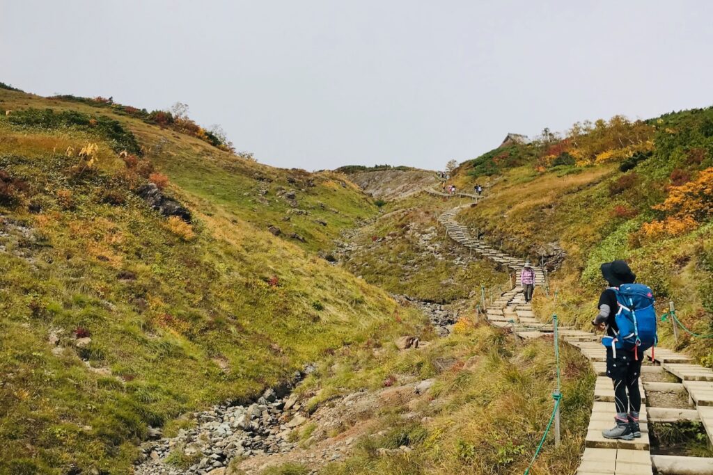八方尾根の整備された木道を歩く登山者たち