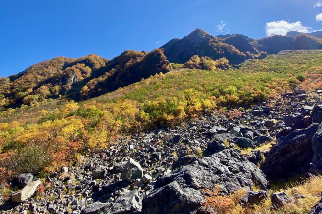 涸沢に到着し目の前に広がる紅葉の斜面