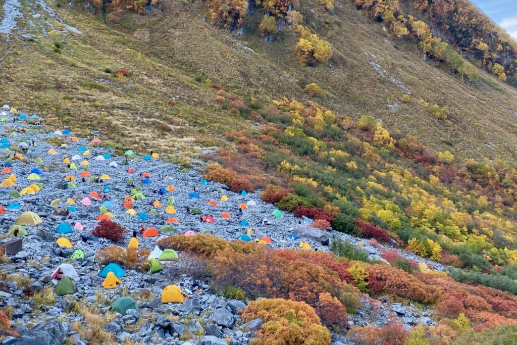 紅葉の斜面に点在する色とりどりのテント
