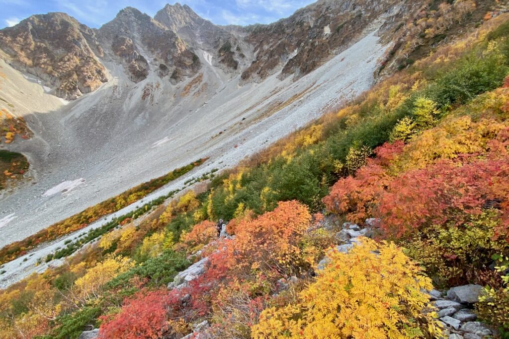赤や黄色に色づいた紅葉の中を下山する登山者