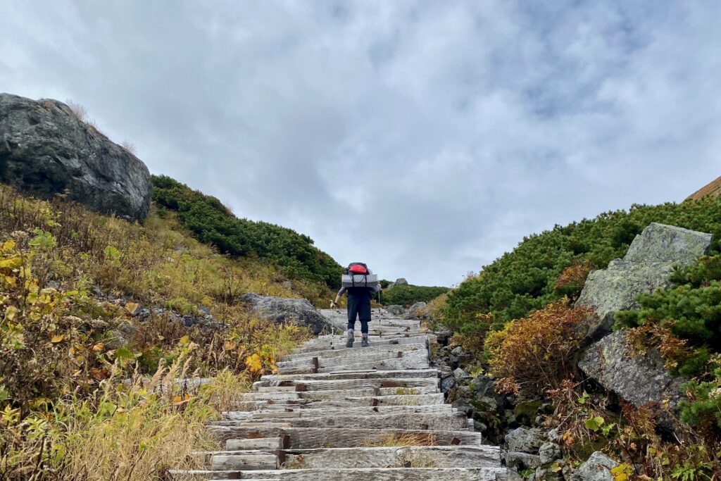 頂上宿舎手前の木段を登る登山者