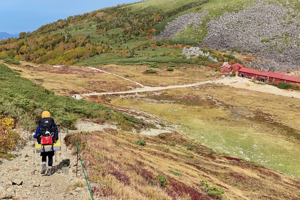 草紅葉の斜面を白馬大池山荘へ下る登山者