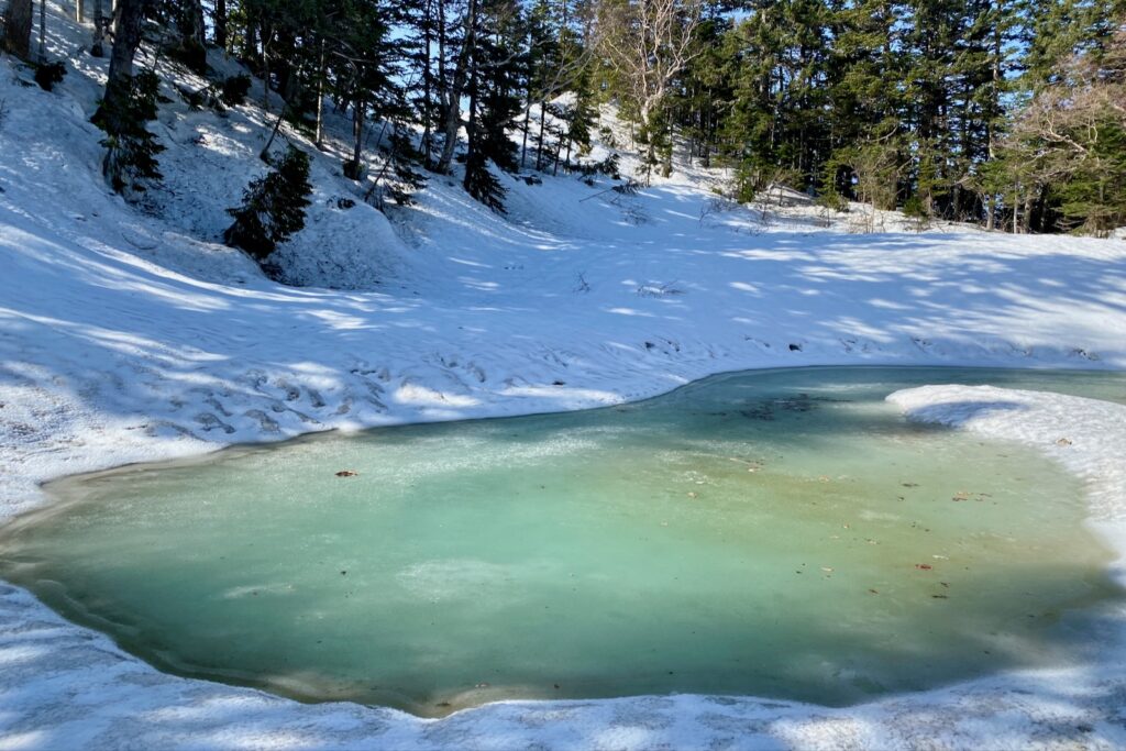 残雪に囲まれた妖精ノ池のエメラルドグリーンの水面